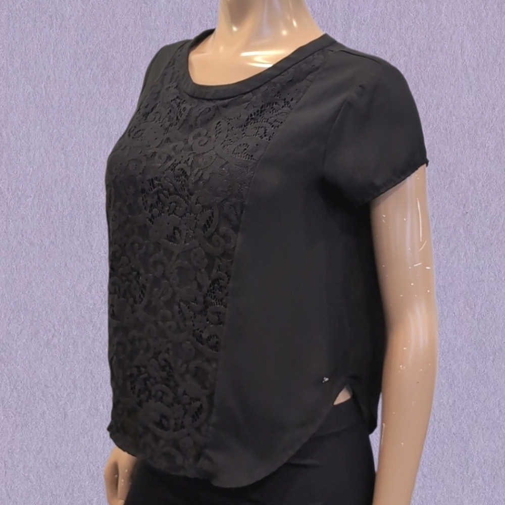 Guess Lace Panel Top Short Sleeve Sheer Chiffon Zipper Back Blouse Medium